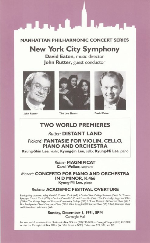 NYC Symphony-MidAmerica Productions concert at Carnegie Hall with John Rutter.